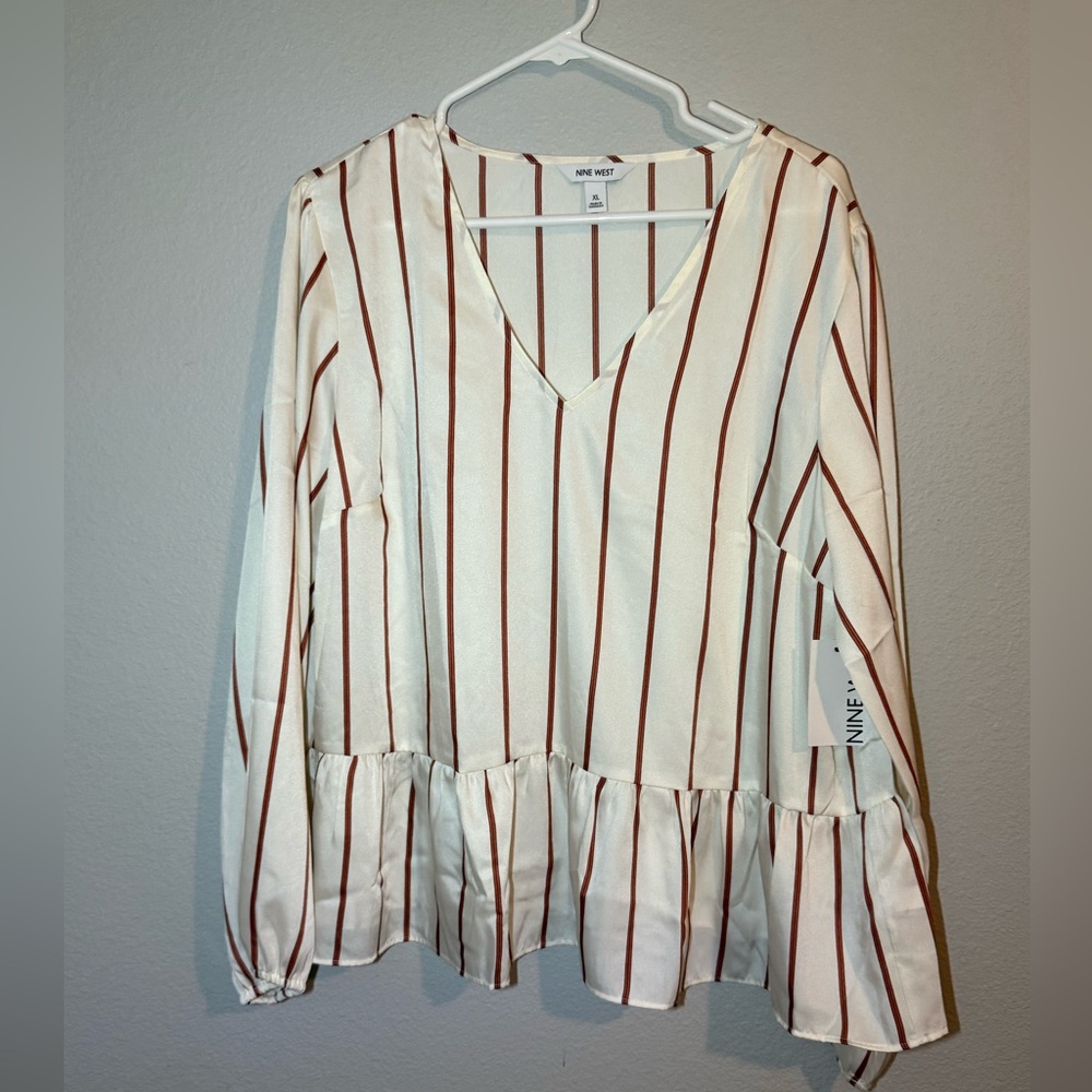 Nine West Cream and Brown Striped Blouse